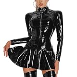 PIIKNUO Leder Bodysuit Damen Sexy Wetlook Body Kleid Party Latex Sexy Damen Lackleder Kleid Latex Kurze Partykleider Bodysuit Leder Kleider Minikleid Clubwear Glänzendes Lackleder Langarmkleid(M)