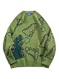 Aelfric Eden Herren Pullover Damen Strickpullover Oversize Cartoon Pulli Y2K Dinosaurier Sweater Langarm Winterpullover, Grün, M