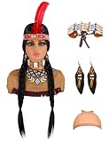 Indianer Perücke Damen Lang Schwarze Geflochtene Perücke mit Zubehör für Indianer Kostüm Damen Schwarze Perücken für Indianer Kostümparty Fasching Karneval Halloween DE095BK