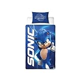Character World Offizielles Sonic The Hedgehog The Movie Design Gaming Single Bettbezug-Set | wendbare 2-seitige Bettwäsche mit Schatten inklusive passendem Kissenbezug | perfekt für Kinderzimmer
