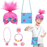 HONMOK 7pcs Poppy Kostüm Kinder Mädchen Trolls Perücke Set mit Halsketten Armbänder Ohrringe Ringe Handtasche Trolls Prinzessin Kostüm Outfit für Karneval Fasching Cosplay Halloween Geburtstag
