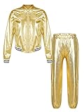 TiaoBug Unisex Kinder 80er Jahre Trainingsanzug Retro Kostüm Metallic Jogger Jogginganzug Jacke und Hose Disco Jazz Tanz Outfits Set Gold 134-140