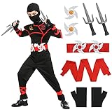 Aomig Jungen Ninja Kostüm Kinder, Ninja Anzug Jungen Mädchen, Kinderkostüm Ninja Set Schwarz Rot, Ninja Zubehör Kostüm für Halloween Verkleidung Karneval Party Cosplay Dress Up