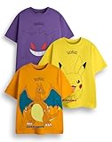 Pokemon Jungen T-Shirt 3er Pack | Gelb, Orange & Lila Kurzarm Grafik T-Shirt Bundle | Pikachu Glurak Gengar Gaming Multipack Bekleidungsset | Spiel TV Serie Film Merchandise Geschenk Bundle
