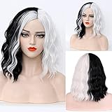 Cruella Perücke für Cruella Devil Kostüm Damen Schwarz und Weiß Locken Perücken für Frauen Kinder Kostüm Party Synthetische Perucken Wig 009