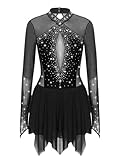iEFiEL Glitzer Eiskunstlauf Kleid Damen Langarm Kürkleid Strasssteine Rollkunstlaufkleid Leotard Tanzanzug Wettbewerb Tanzkostüm Xb Schwarz S