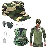 EUPSIIU 4 Stück Flieger Captain Kostüm für Männer Damen Armee Taktische Militärmütze Accessoires Hüte Camo Schal Sonnenbrille Erkennungsmarke Armee Fancy Dress für Zubehör Halloween Kostüm
