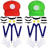 Orgoue Super Bros Kostüm, Mario Bros Kostüm Mario & Luigi Hut Kappen Schnurrbärte Handschuhe Knöpfe Hosenträger Cosplay Kostüm Zubehör Für Damen Herren Kind Für Karneval