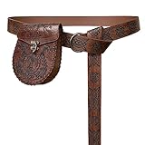 HiiFeuer Mittelalter Geprägter O-Ring Gürtel mit Nordisch Geprägter Gürteltasche, Vintage Kunstleder Gürtel und Seitentasche Set für LARP (Braun A)
