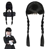 Addams Perücke für Kinder Damen, Addams Family Portrait Perücken,Pony Zopf Kinderperücken, Adams Kinder Perücke Mit Bangs Für Halloween Party,für Cosplay Party Fasching Karneval Halloween.