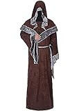 Mystische Zauberer Robe Halloween Cosplay Kostüme für Männer, Erwachsene Mittelalter Uniform Vintage Renaissance Kleidung, Herren Outfit Zauberer Mantel Umhang(Braun,L)