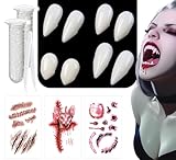 RUIXUE 10 Stück Vampir zähne Erwachsene, 4 Größen Vampir zähne, 3 Stück Halloween Tattoos, mit 2 Tube Zahnpellets Kleber, für Cosplay Party Requisiten Halloween Horror Party Reißzähne. (Weiß-B)