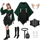 OPAEHJF 8 Stück Damen Mittelalter Kleid Traditionelles Irisches Kleid Renaissance Elfen Kostüm mit Elfenohren, Halloween Viktorianisches Cosplay Kleid. (S)
