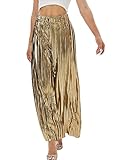 Fakanhui Palazzo Damen Hose Metallic Weites Bein Gold Silber Casual Kleid Abendparty Clubwear Hose, golden, L
