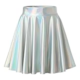 Damen Metallischer Faltenrock Mini Skater Rock PU Lederrock Sexy Hohe Taille A-Linie Silber Rock Karneval Metallic Y2K Tennisrock Tanzrock Rave Party Club Kostüme
