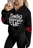 For G and PL Weihnachten Damen Hoodie Reißverschluss Druck Sweatshirt Weihnachtspulli Pullover Santa Schwarz S