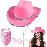 Aomig CowboyHut Damen Herren Fashion Cowboyhüte Cowgrilhut Rockstar Randlose Hippie Herzförmige Brille Halstuch Wilder Westen Party Brillen Geburtstagsfeier Fasching Karneval Kostüm Mottoparty (Rosa)