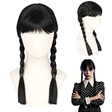 Wednesday Perücke Damen, Wednesday Perücke Kinder Wednesday Schwarze Perücke Mit Zopf, Addams Cosplay Perücke Geflochtene Perücke Schwarz Lang Mittwochs Perücken für Cosplay Party Karneval