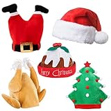 Weihnachtsmützen Erwachsene – 5 Stk. Lustige Hüte – Nikolausmütze, Hähnchen Hut, Weihnachtsmannbeine, Puddingmütze, gefüllter Truthahnhut, Weihnachtsmütze – Witzige Kostüme und Lustige Mützen im Set