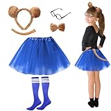 HONMOK 6 Stück Streifenhörnchen Kostüm Kinder Chipmunks Cosplay Kostüm Zubehör Streifenhörnchen Ohren Stirnband Blaue Streifen Kniestrümpfe mit Tutu Rock Schwanz Fliege für Mädchen Karneval Fasching