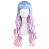MapofBeauty Damen Glatt Pony Mehrfarbig Cosplay Länge Locken Glamor Perücke (Cyan Blau/Gelb-grün/Gold)