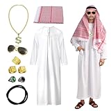 Scheich Kostüm Herren, Araber Kostüm, Kostüm Scheich Araber, Weißes Arabisches Gewand mit Kopftuch, Kopfband, Halskette, Sonnenbrille, Ring, 10-teiliges Set für Party und Cosplay-L
