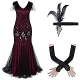 Damen 1920er 20er Jahre Great Gatsby V-Ausschnitt Paisley Pailletten Gefüttert Flapper Kleid mit Zubehör Cocktailkleid Abendkleider Maxikleid für Motto Party Hochzeit Fasching Kostüm Schwarz Rot 2XL