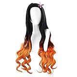GADKUT Cosplay Perücke für Nezuko Kamado Dämonentöter, Japanische Anime Charakter Cosplay Wig, Lange Gewellte Perücke in Schwarz und Orange mit Farbverlauf für Halloween/Karneval/Kostümparty Cosplay