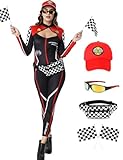 Coseaon Rennfahrer Kostüm Damen, 6Pcs Rennwagen Kostüm Frauen Set, Sexy Rennwagen Fahrer Halloween Kostüme Frauen (Black, M)