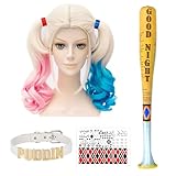 Cosplay Perücken Rosa und Blau Perücke mit Zwei Pferdeschwänzen,Aufblasbarer Baseballschläger,Verstellbar Halskette,Tattoo-Aufkleber,Kostüm Accessoires,für Karneval Halloween Fasching Kostüme Party