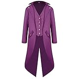 FYMNSI Herren Gothic Steampunk Frack Mantel Männer Mittelalter Viktorianischen Vintage Jacke mit Waistcoat Uniform Lange Smoking Karneval Fasching Halloween Kostüm Party Cosplay Verkleidung Lila 4XL