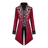 OBEEII Gothic Steampunk Frack Jacke, Herren Vintage Mittellanger Renaissance Viktorianischer Gehrock Smoking Halloween Karneval Kostüme Rot L