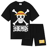 One Piece Kurzer Schlafanzug Jungen, Pyjama Set T-Shirt & Shorts - Anime Merch (Schwarz, 9-10 Jahre)