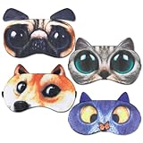 Dimeho 4 Stück Lustige Schlafmasken, Süße Tier-Augenbinden Weicher Verstellbarer Schlaf-Augenschirm Reise-Nickerchen Augenabdeckung für Männer Frauen Flugzeug Spielnacht Schlafendes Katzen Hundemuster
