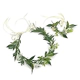 MIVAIUN 1Stk Grüne Krone Blattkronen Tiara und 1Stk Blatt Blumen Armband Waldelfen Kopfschmuck Blattblumen Stirnband Braut Tiara Waldfee Kostüm Damen Haarschmuck Grün Blumenkrone für Hochzeit Party