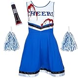 REDSTAR Cheerleader Kostüm Damen mit Pompons & Kunstblut – Gruseliger High School Zombie – Halloween Party oder Karneval