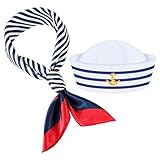 Matrosenmütze + Schal Set für Männer Frauen, Blau Weiß Gestreift Seemannsmütze Und Roter Rand Blauer Quadratischer, Karneval Kostüm, für Karneval, Fasching, Mottoparty, Cosplay