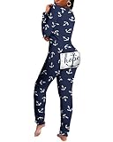 ORANDESIGNE Damen Jumpsuit Sexy V-Ausschnitt Overall Schlafanzug Functional Hintern Knopfklappe Einteiler Strampler Schlank Langarm Hausanzug Weihnachtspyjama 32 Dunkelblau M
