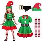 MOPQMKT Christmas Elf Children's Costume Set 4 Pieces Christmas Elf Costume Dress + Hats + Socks + Belt Carnival & Cosplay Gifts for Halloween Costumes (130 cm)