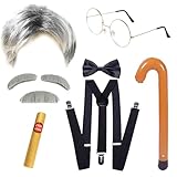 JSTHHTT 9 Stück Opa Kostüm Set, Alter Mann Perücke Großvater Kostüm, Grandpa Opa Perücke Perücke, Schnauzbart Augenbrauen Runde Brille Aufblasbarer Spazierstock für Karneval Halloween Party Cosplay