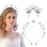 Sonne Mond Sterne Haarreif, Mond Haarband Silber, Glitter Stirnband mit Strasssteine Gesicht Tattoos, Strass Haarband für Fasching Karneval Halloween Musikfestival Party für Damen Mädchen
