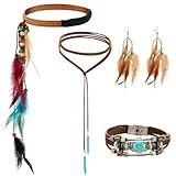 Otuuz 4 Vintage Indian Boho Karneval Accessoires Indianer Feder Stirnband Feder Ohrringe Lederhalskette Leder Wrap Cuff Armband für Frauen mit Hippie Tribal Mottoparty Schmuck (Boho)