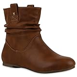 Stiefeletten Damen Schlupfstiefel Stiefel Flach Boots Nieten Leder-Optik Schlupfstiefeletten Schuhe 120941 Hellbraun 40 Flandell