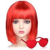 iZoeL Bob Perücke Kurze Bob wig Damen Rot Haar Perücken Gerade mit Flach Pony 80er 70er Jahre Perücke Brille Karneval Fasching Cosplay Perücke