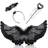 Schwarzer Engel Kostüm Damen, 3 Stück Fasching Teufel Kinder, 60CM Engelsflügel mit Heiligenschein und Zauberstab, Karneval Kostüm Damen Flügel für Cosplay Party Fasching (Schwarz)