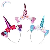 3 Stück Einhorn Stirnband Kinder,Einhorn Haarreif mit Ohren und Blumen,Einhorn Geburtstag Haarreif,Head Accessoires Party Dekoration,Einhorn Haarschmuck,Kopfschmuck Einhorn für Mädchen Geburtstag