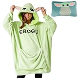 Disney Stitch Damen Hoodie Decke mit Ärmeln - 2-in-1 - Oversized Kapuzenpullover Fleece Tragbare Decken für Teenager (Grün Baby Yoda)