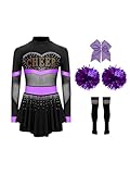 Xnihocha Kinder Mädchen Cheer Leader Kostüm 3tlg Tanz Kleid Halloween Cute Cheer Uniform Outfit mit Zubehör für Karneval Lila A 158-164