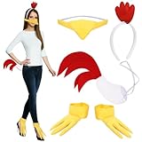 XEPST Hahn Huhn Kostüm Set, Hühnerstirnband und Schwanz Set mit Hahn Stirnband Hühnerschnabel Hühnerschwanz Hühnerfüße für Tierkostüm Cosplay Ostern Halloween Canival Kostümparty