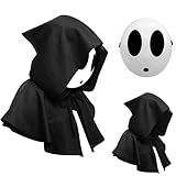 Yearsahrk Shy Guy Maske Halloween Maske Funny Anime Spiel Maske Weiße Voll Face Maske Halloween Kostüm Cosplay Requisiten Zubehör (Boy Maske+Black Cloak)
